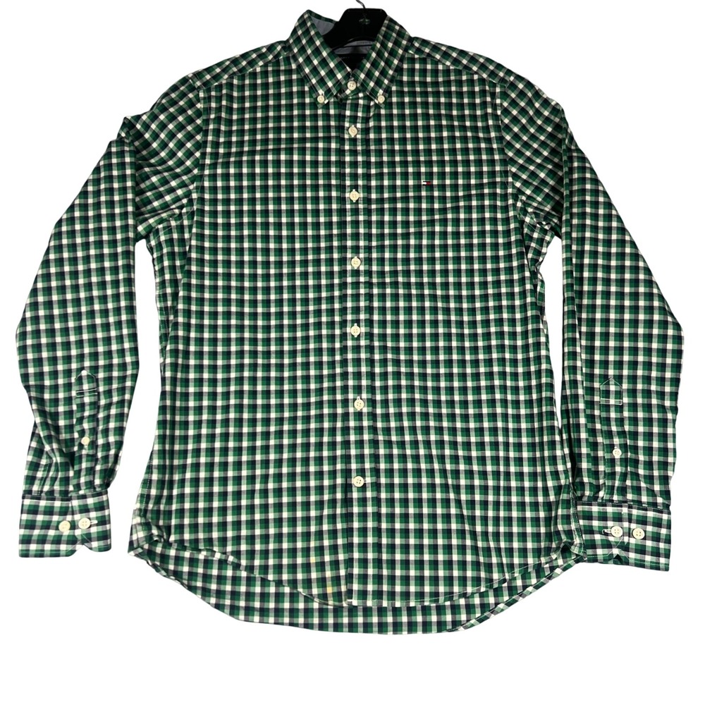 Tommy Hilfiger Mens Small Green Navy Gingham Check Button Down Shirt Long Sleeve